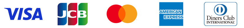 クレジットカードのロゴが並んでいる。左からVISA、JCB、Mastercard、AMERICAN EXPRESS